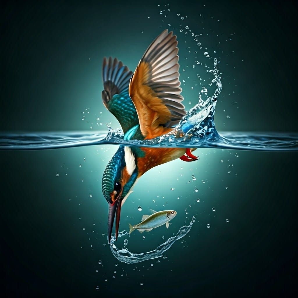 Vibrant Kingfisher in Mid-Dive, Photorealistic Textures