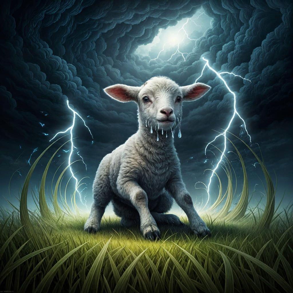 Frightened Lamb in Dreamlike Meadow: Surrealist Illustration