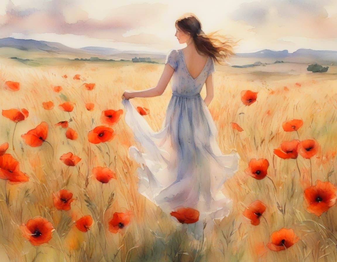 Watercolor Wheat Field with Dancing Girl