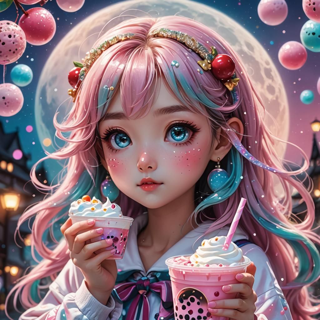Kawaii Anime Girl with Bubble Tea, Dreamy Art