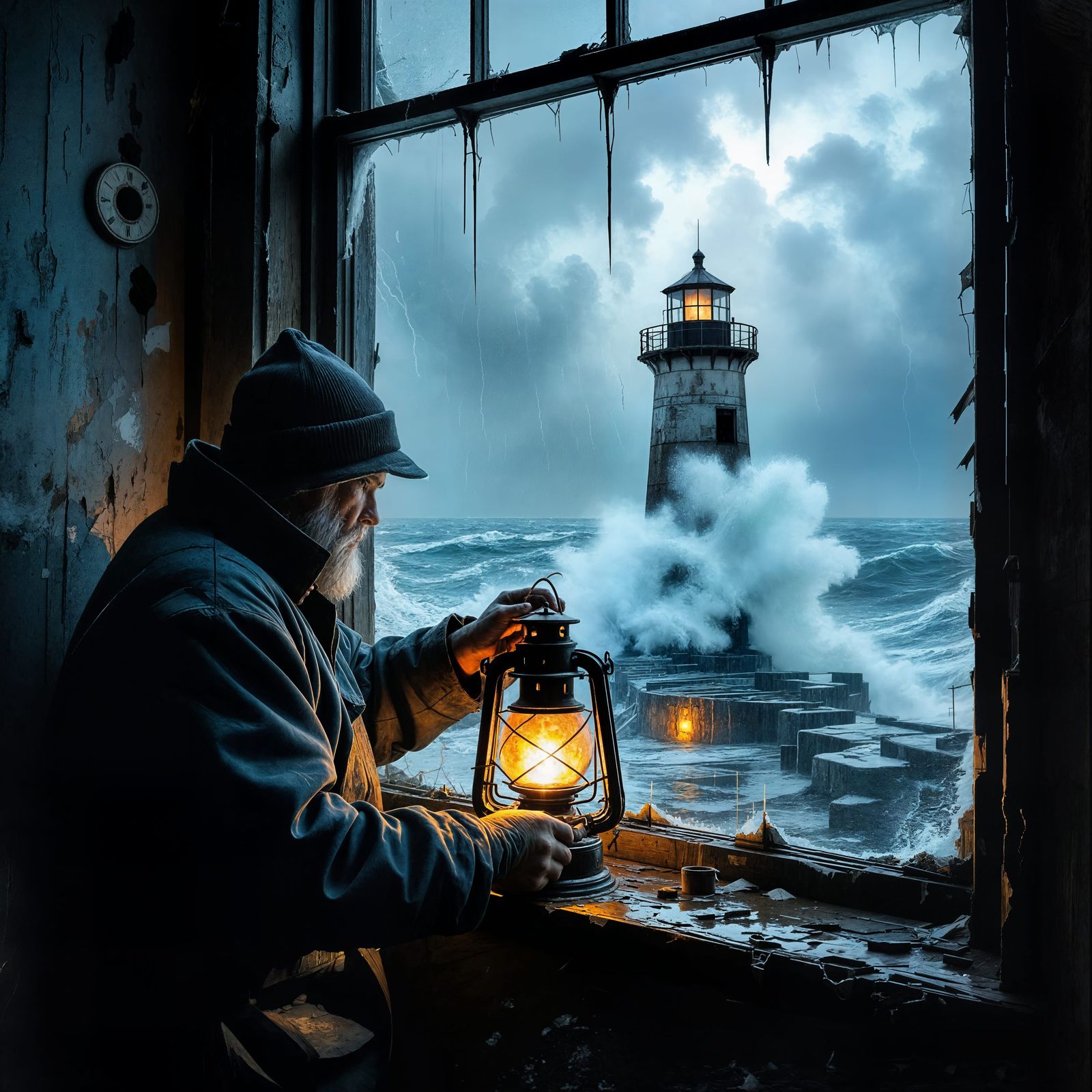 Post-Apocalyptic Lighthouse Keeper's Solitude in Stormy Seas