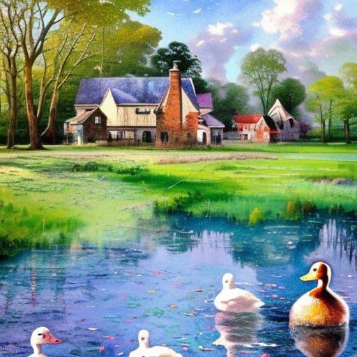Retrofuturistic Watercolor Farmhouse Scene with Ducks