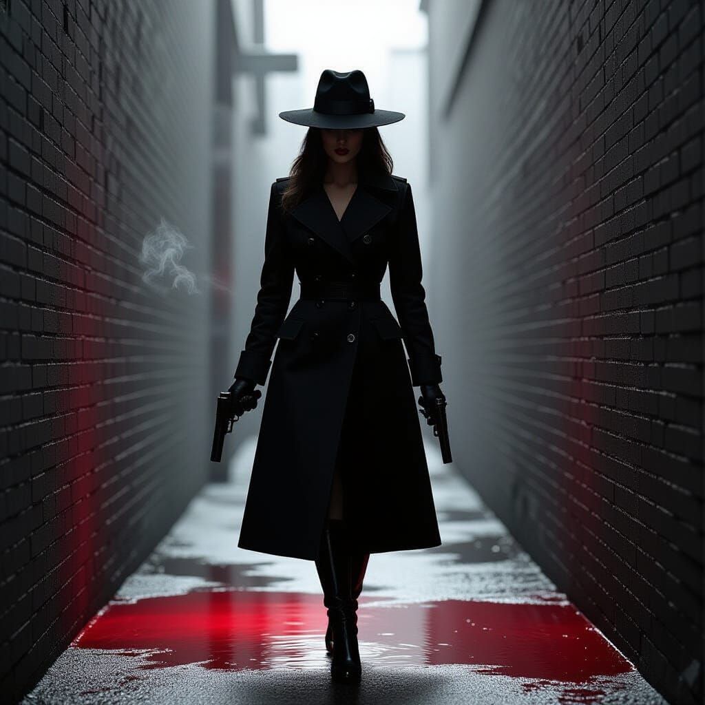 Noir Woman with Smoking Gun in Alley