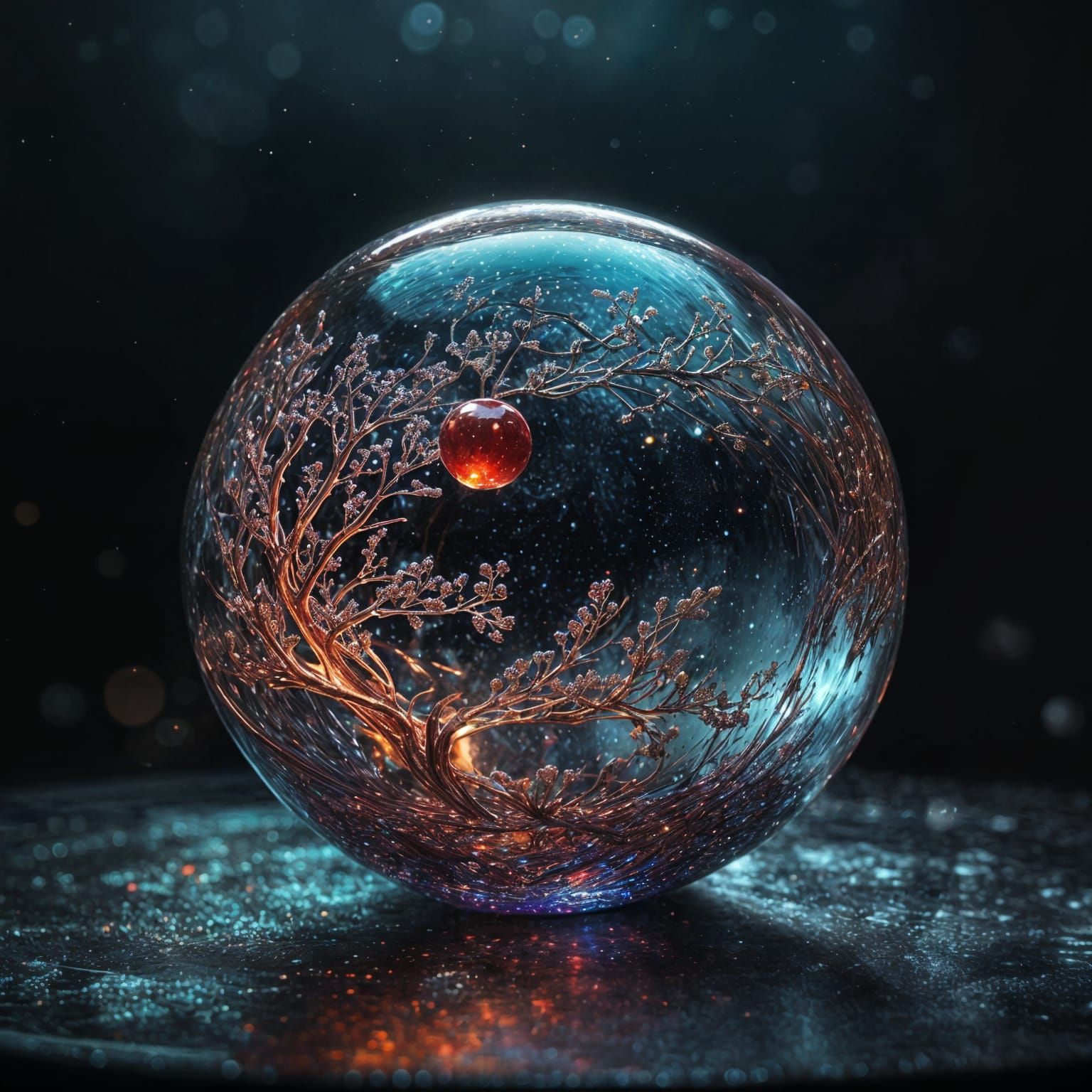 Glowing Glass Orb with Red Apple
