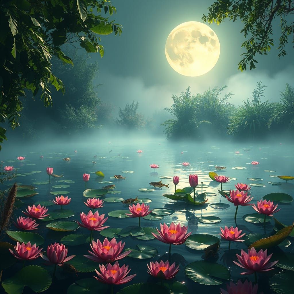 Dreamy Moonlit Pond with Water Lilies and Exotic Fish