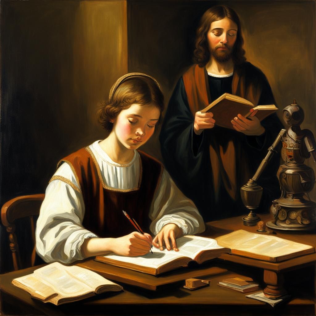 Woman Studying with Jesus, Oil Painting Style