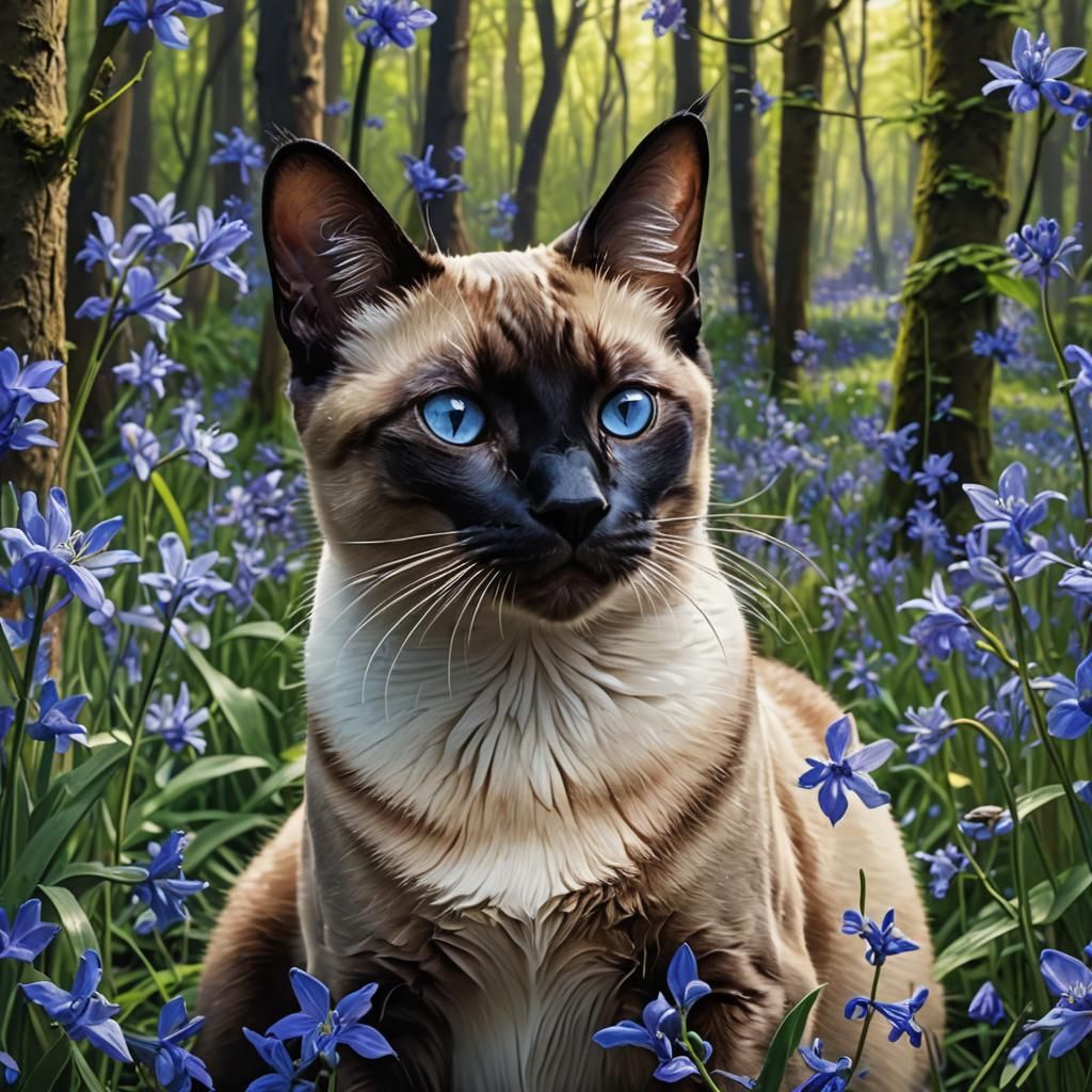 Glitch Art Siamese Cat in Bluebell Wood