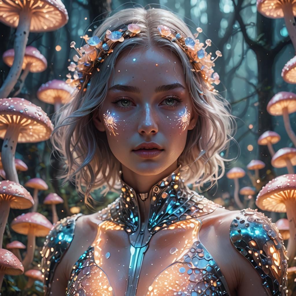 Luminous Woman in Mystical Mushroom Forest