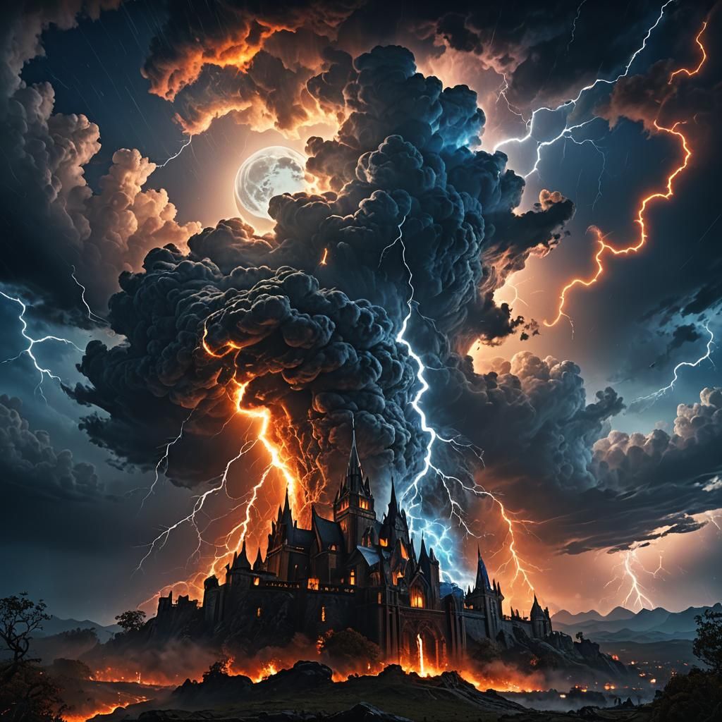 Dramatic Lightning Bolt Strikes in Fantasy Landscape