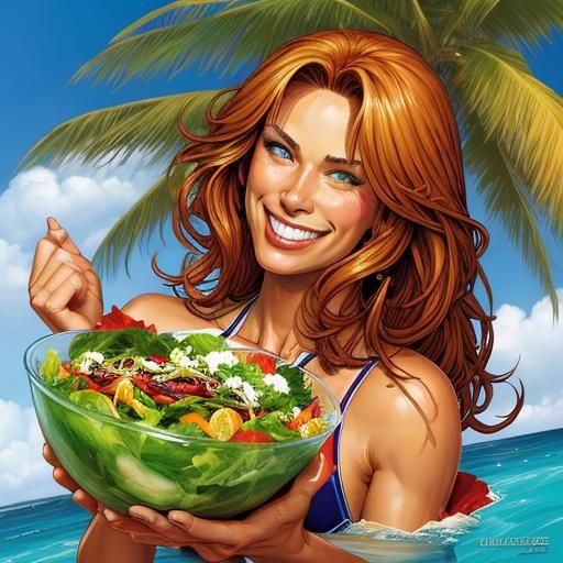 Bikini Model Enjoys Salad in Comic Book Style