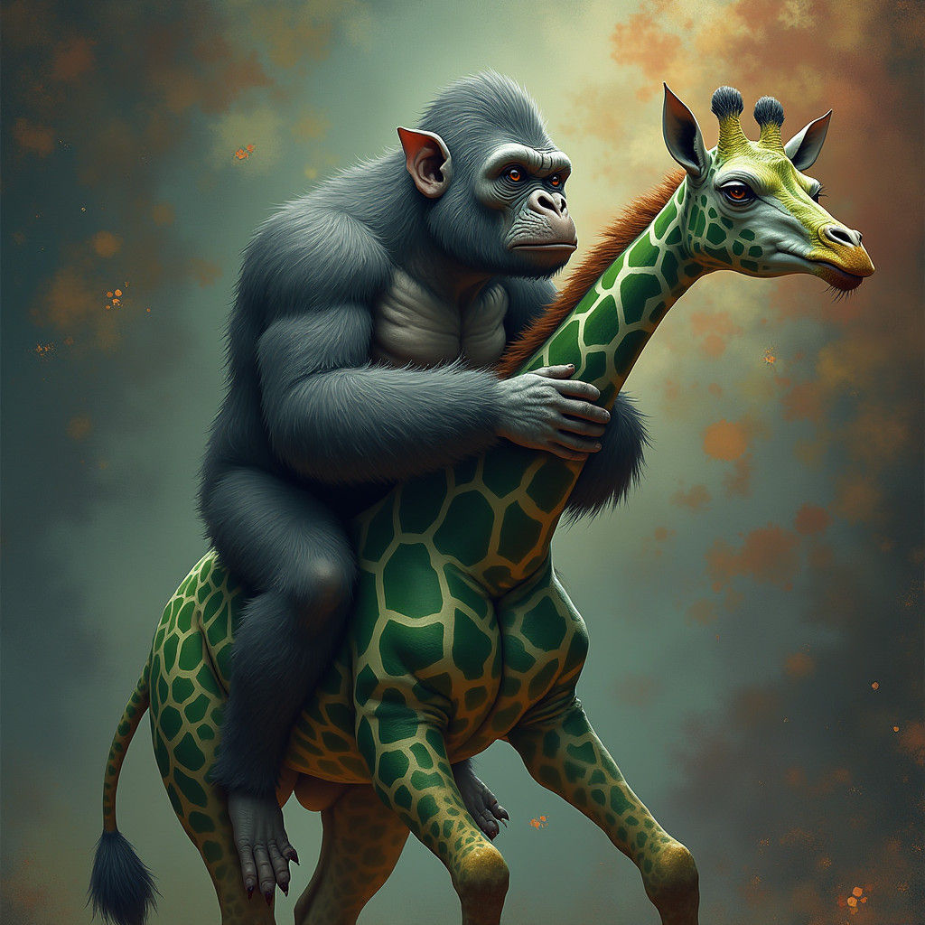 Gray gorilla galloping on a green giraffe