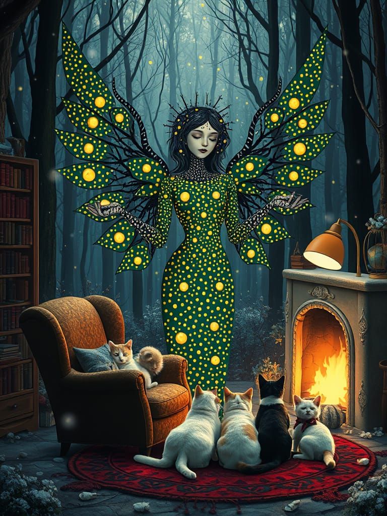 Surreal Ethereal Angel of Death in Whimsical Dots Landscape