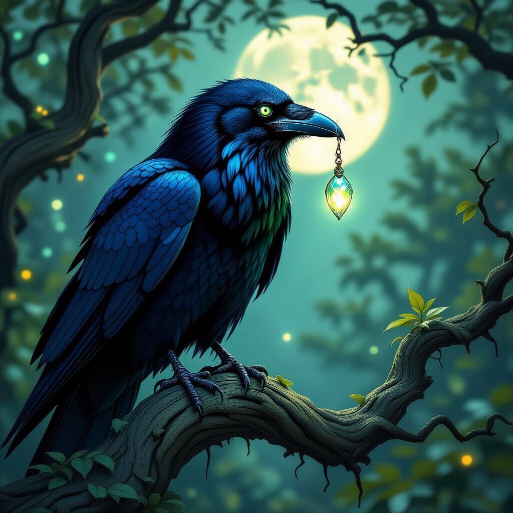 Mystical Raven in Moonlit Grove: Rembrandt Style