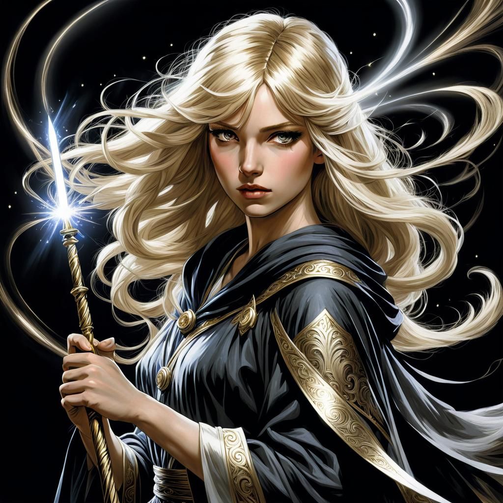 Blond Girl Wizard with Wand in Chiaroscuro Style