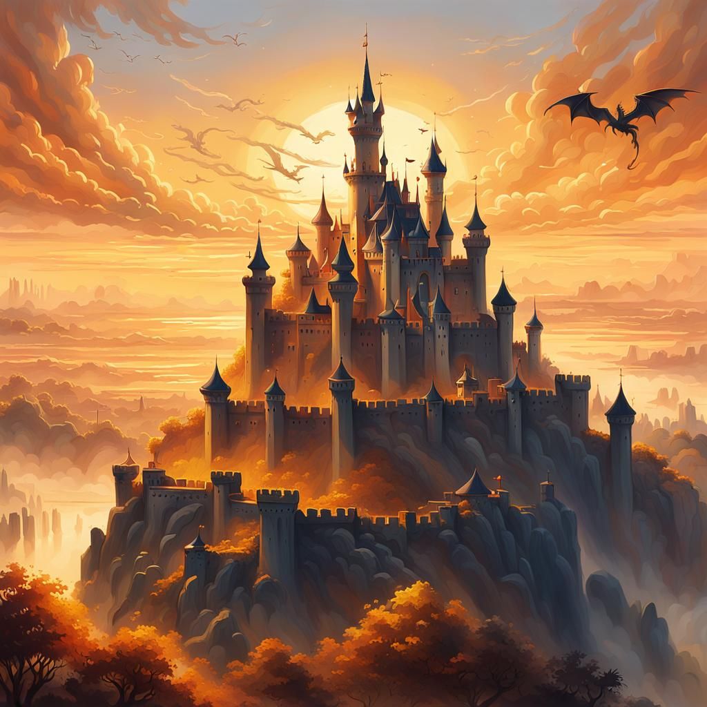 Fantasy Castle Sunset with Dragon: Ethereal Painting