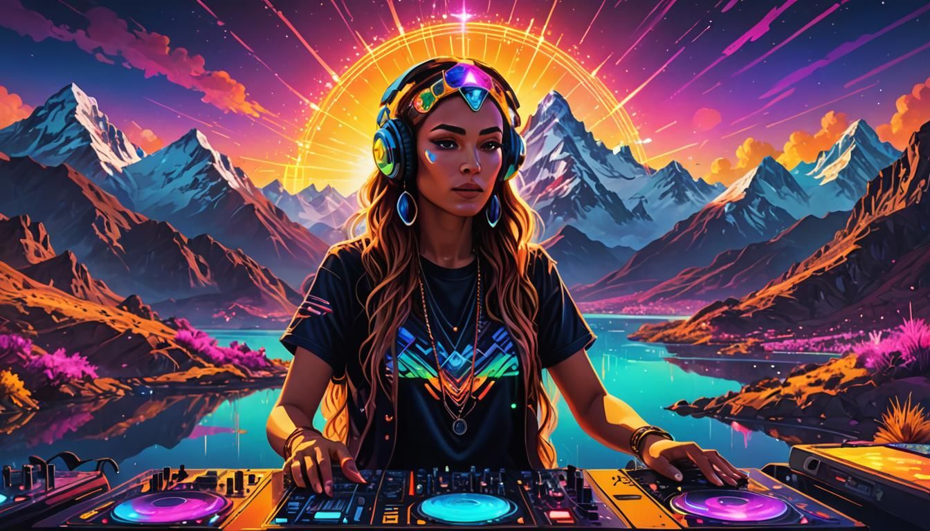 Goddess of Techno DJing in Andes: Fauvist Digital Art