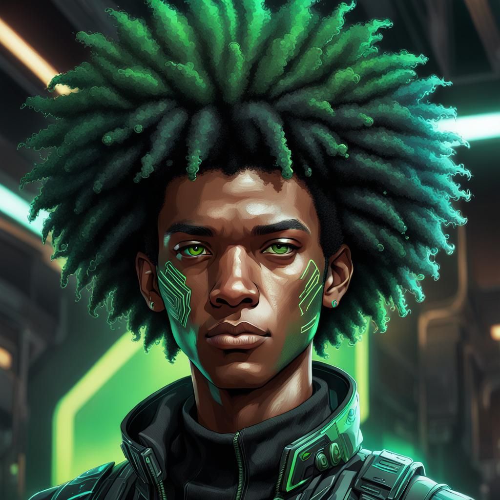 Cyberpunk Portrait of Black Teenage Boy with Afro