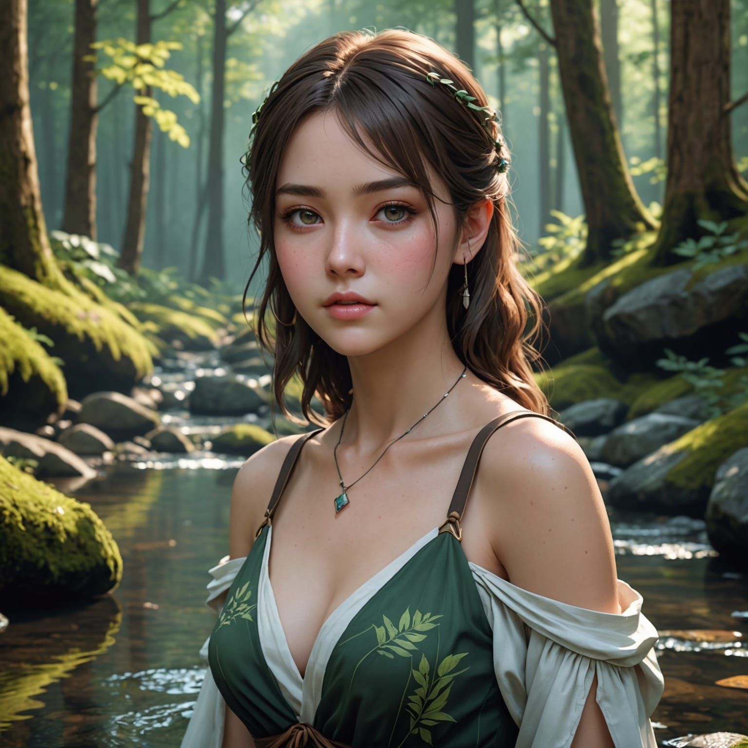 Anime Style Woman in Forest Creek, 8K Resolution