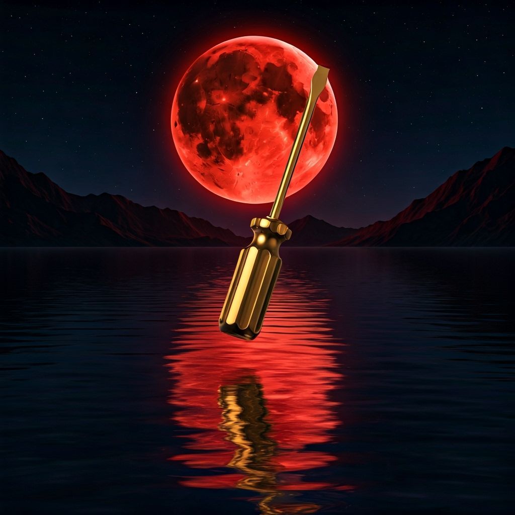 Gold Screwdriver Levitates Over Lake Under Red Moon