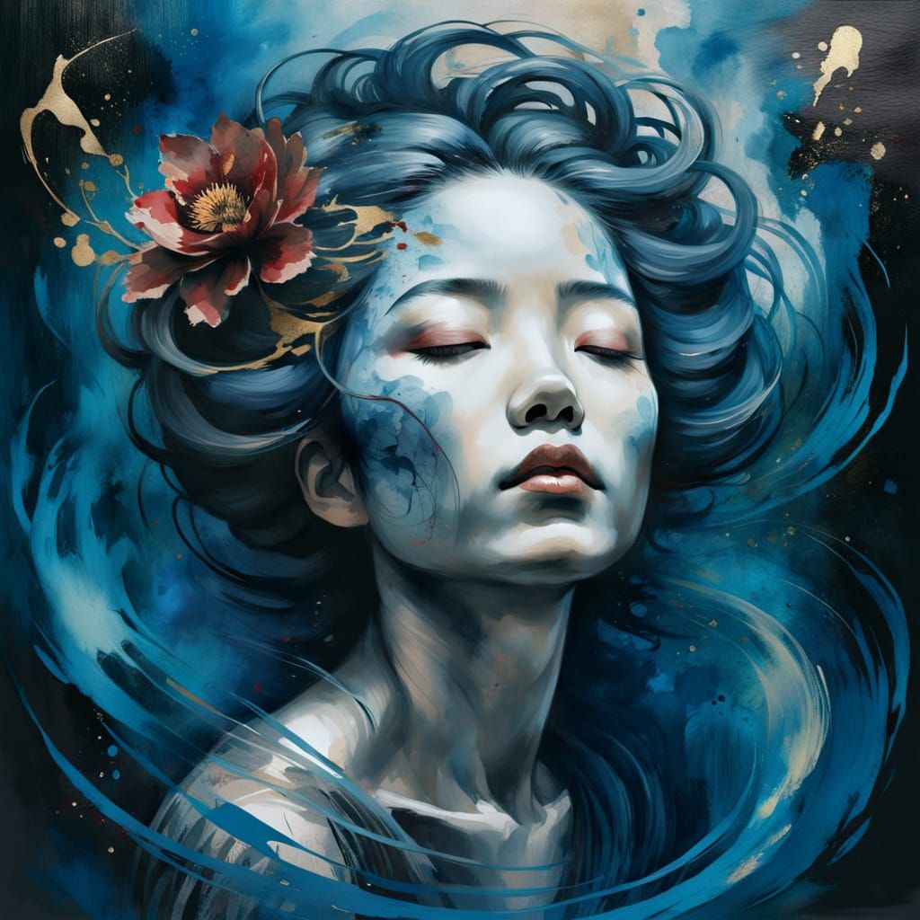 Geisha Portrait with Ink Splashes in Ukiyo-e Style