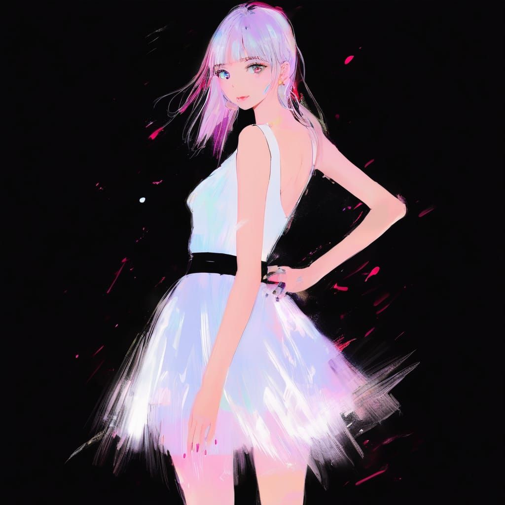 Elegant Anime Lady in Cloud Dress: Digital Portrait
