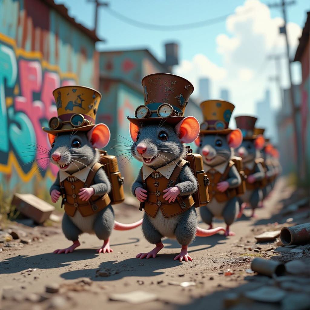 Anthropomorphic Rats Parade in Vintage Car Part Hats