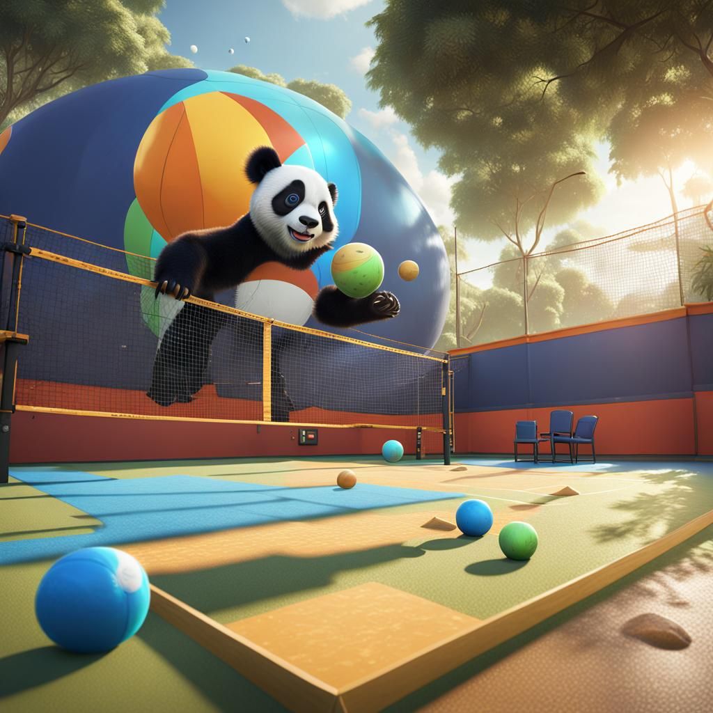 Panda Plays Pickleball on Beachball Court