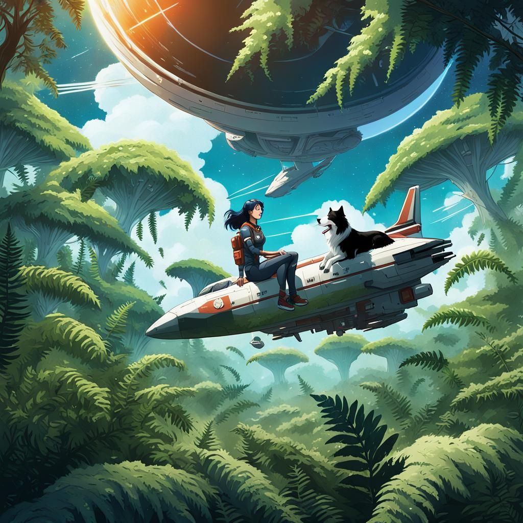 Space-Girl and Dog on Spaceship in Anime Style