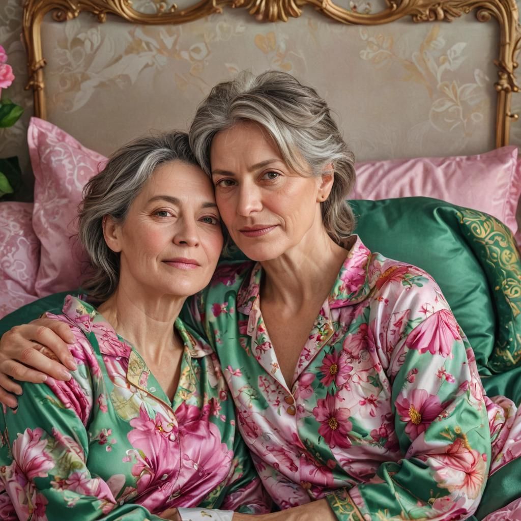 Cozy Lesbian Couple Portrait in Digital Painting Style