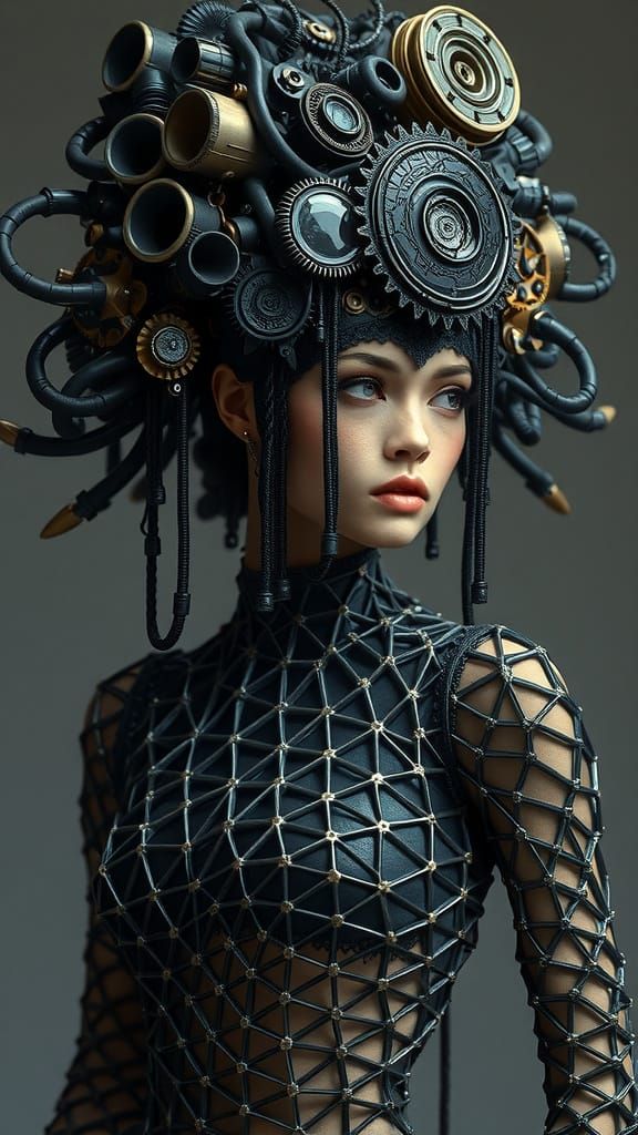 Onyx Headdress: Biomechanical Woman in Dystopian Future