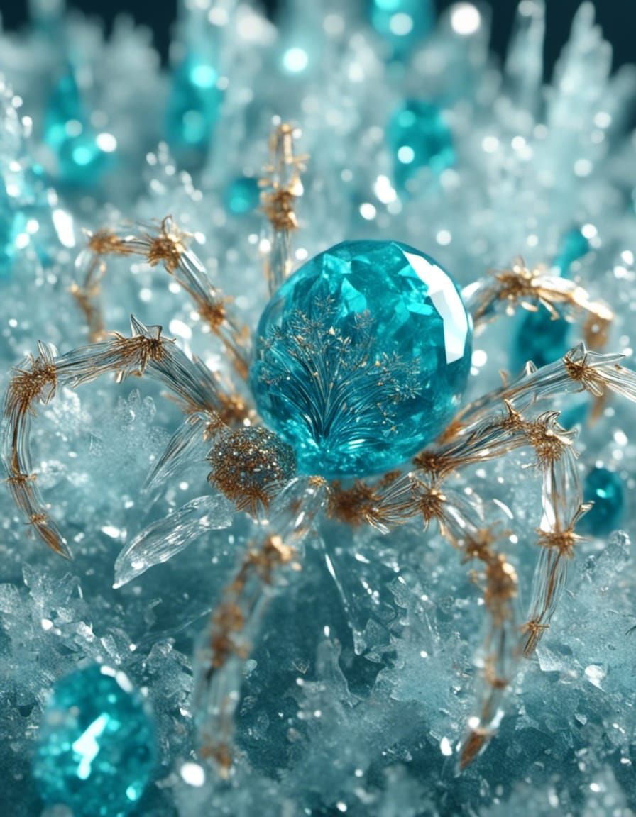 Crystal Spiders in Turquoise and Blue: 3D Render