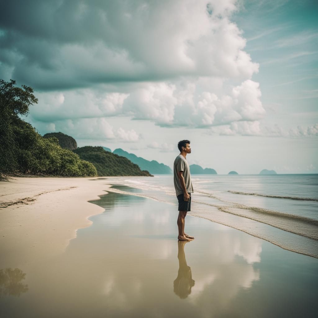 A man reflecting on the side of a beach in Thailand