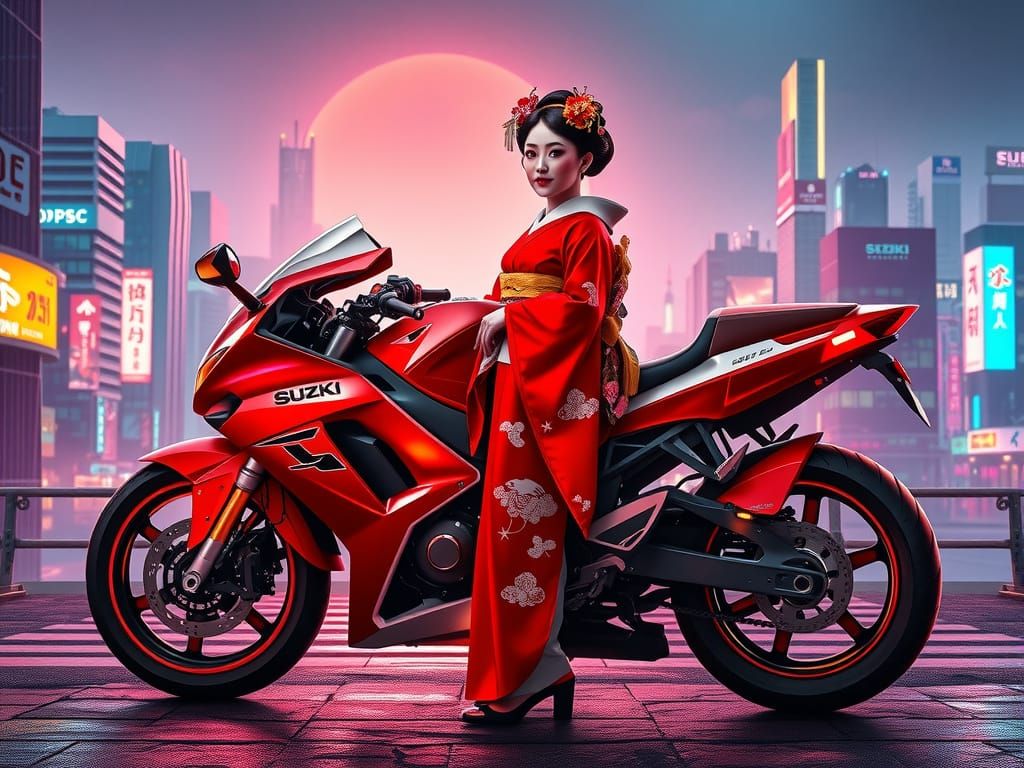Cyberpunk Geisha with Neon Suzuki Hayabusa