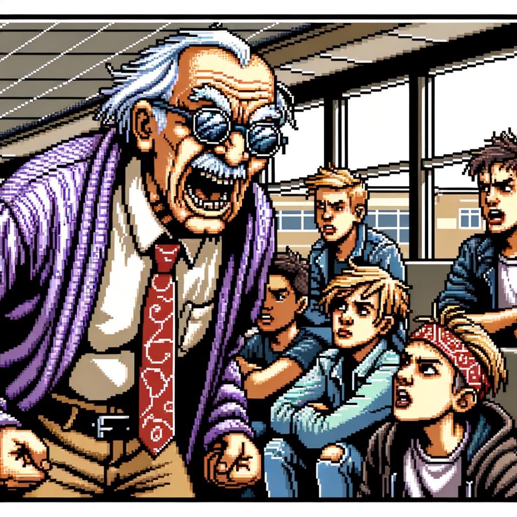 Pixel Art Bus Station Scene of an Angry Professor