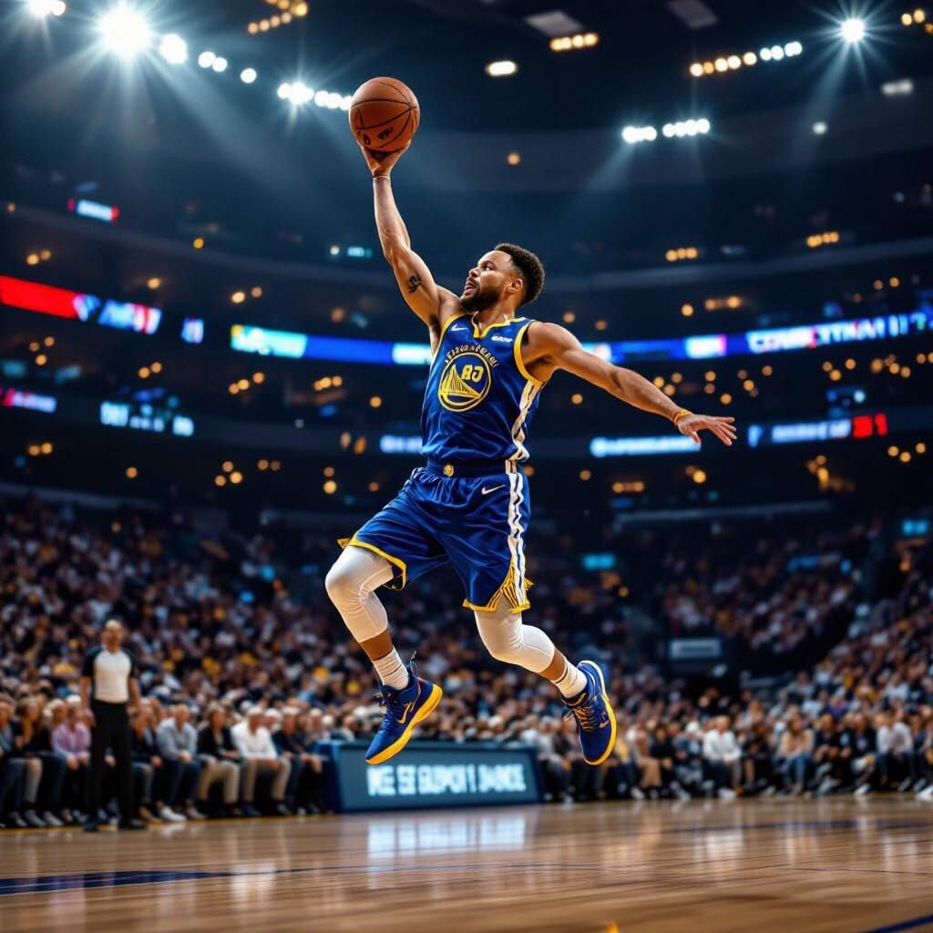 Stephen Curry Drains Three-Pointer in Dynamic Arena Lighting