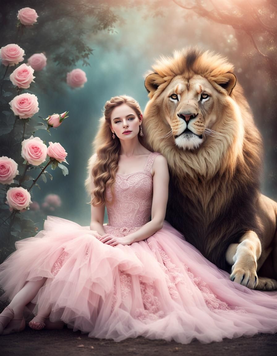 Woman and Lion in Pastel Fantasy Art Portrait