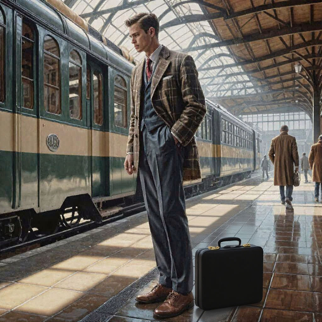 Man in 1950s Train Station: Hyperrealistic Oil Painting