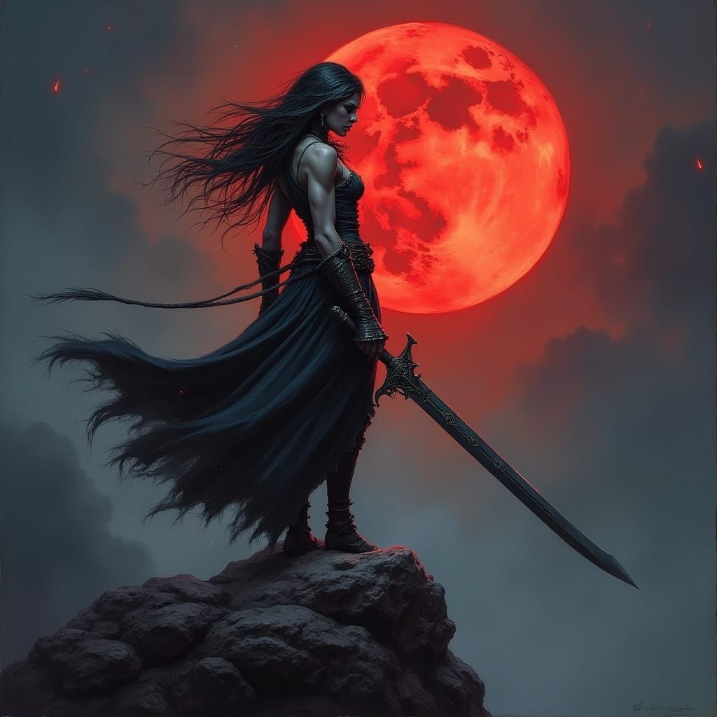 Dark Impressionistic Female Tiefling Warrior Under Blood Red...