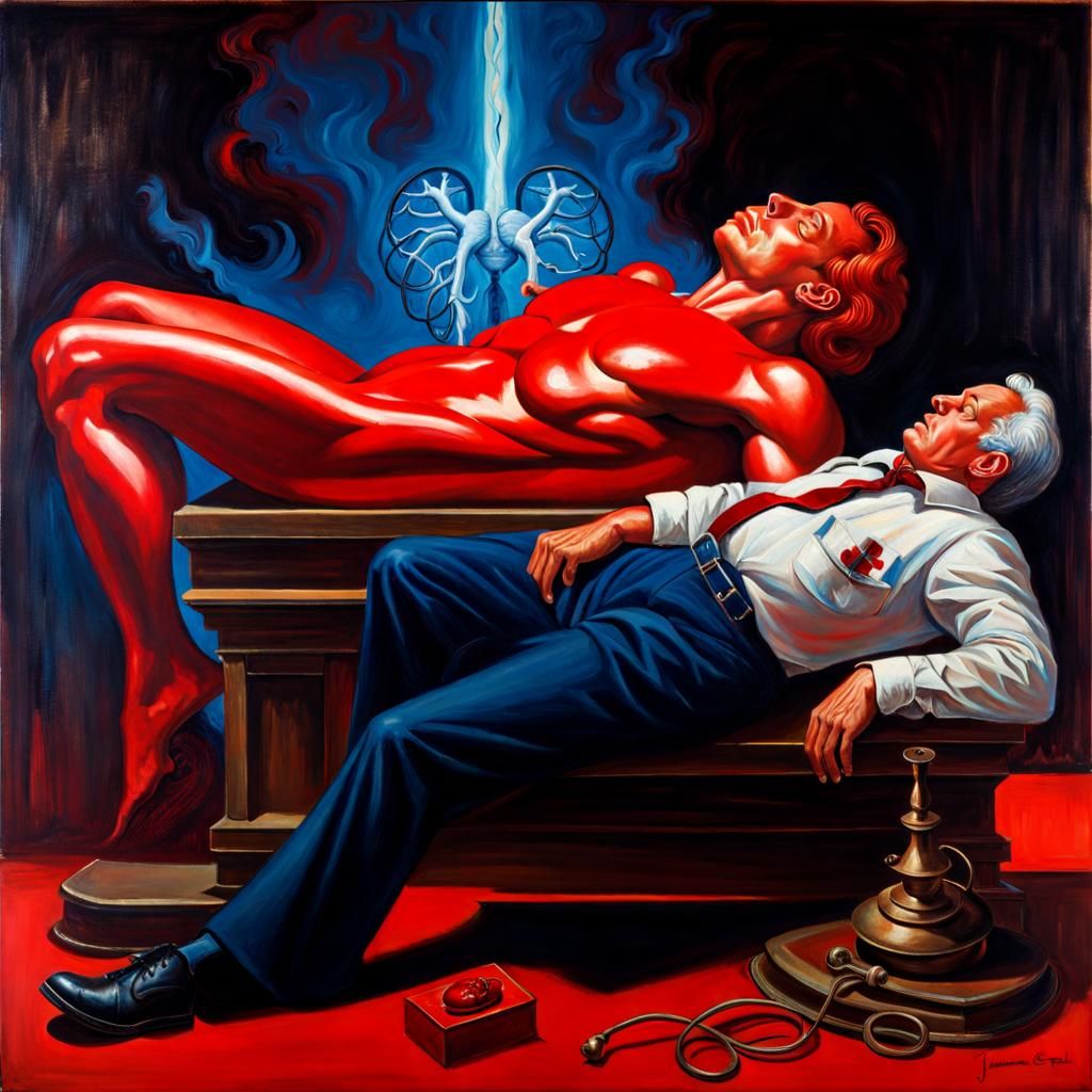 Surreal Anvil Crushing Man Over Anatomical Heart