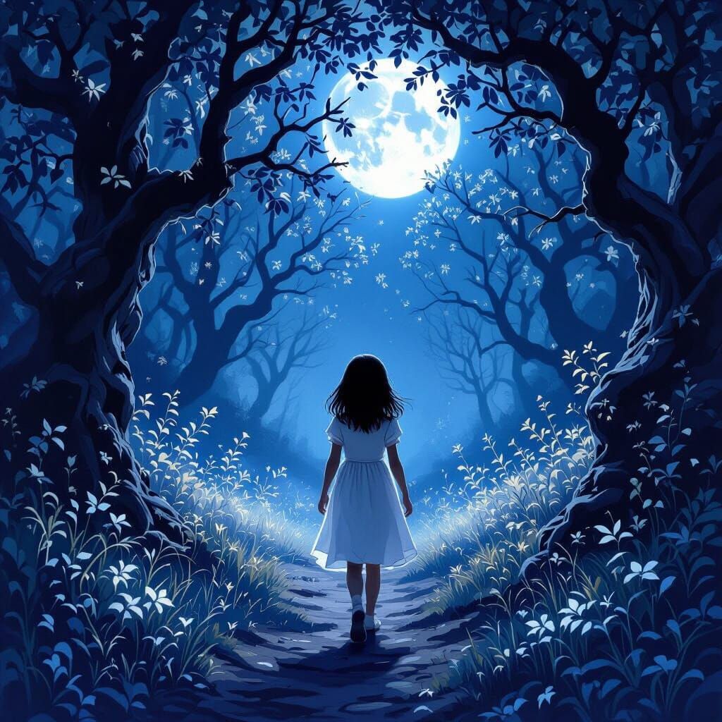 Girl in Moonlit Forest, Mystical Digital Painting