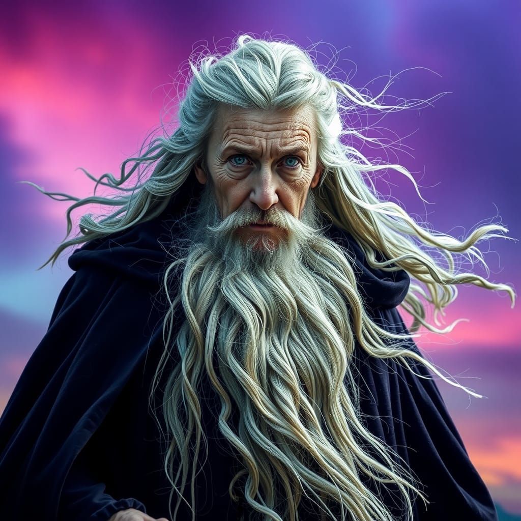 Powerful Wizardess Battles Wind in Magical Twilight