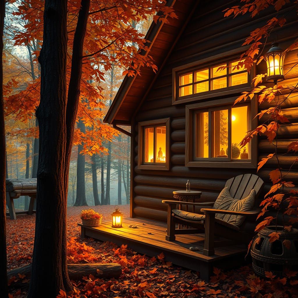 Cozy Cabin in Autumnal Woods, Oil Painting Style