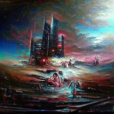 Sinister Cosmic Horror Oil Painting in Cyberpunk Style