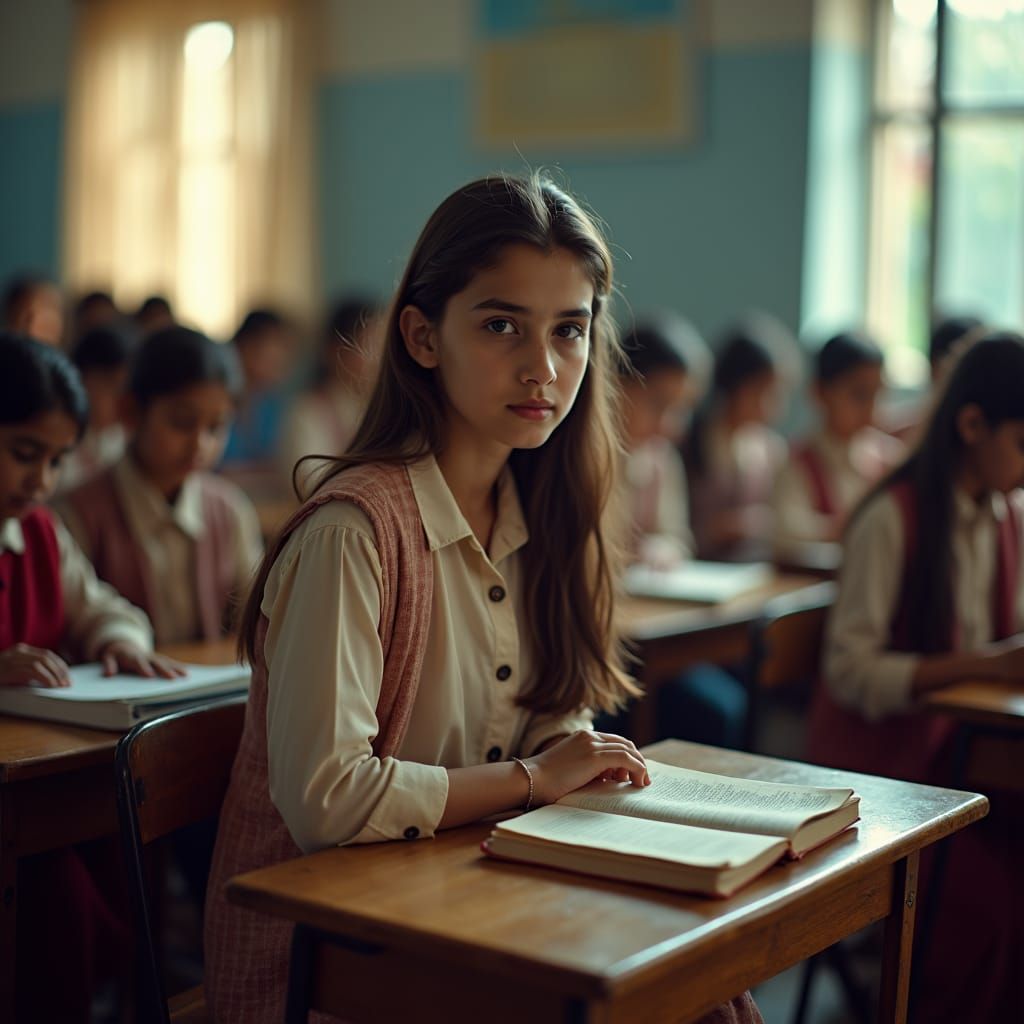 Pakistani Girl Studying Silently in Classroom Corner