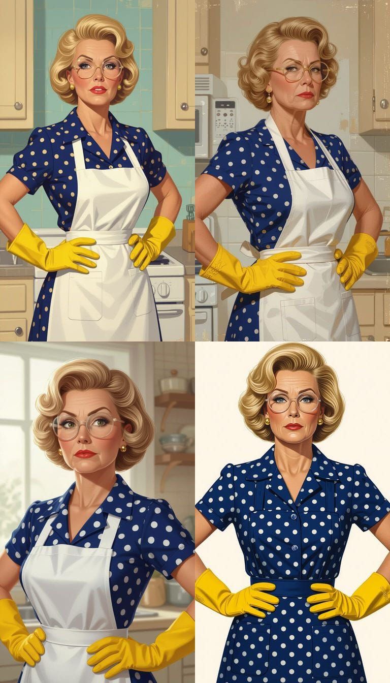 Housewife in 1970s Style Kitchen Apron and Glasses