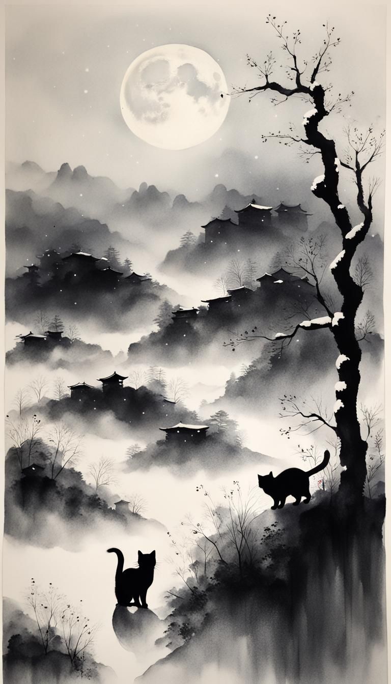 Minimalist Kitten Under Moon in Ink Painting