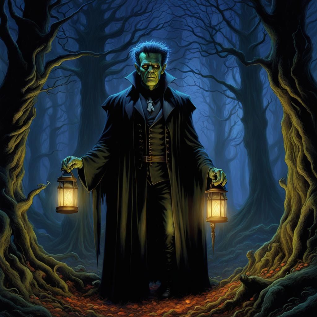 Frankenstein enchantment,
twilight forest gathering, 4K
resolution, Dark Fantasy Illustration, Gothic ambiance, inspired...