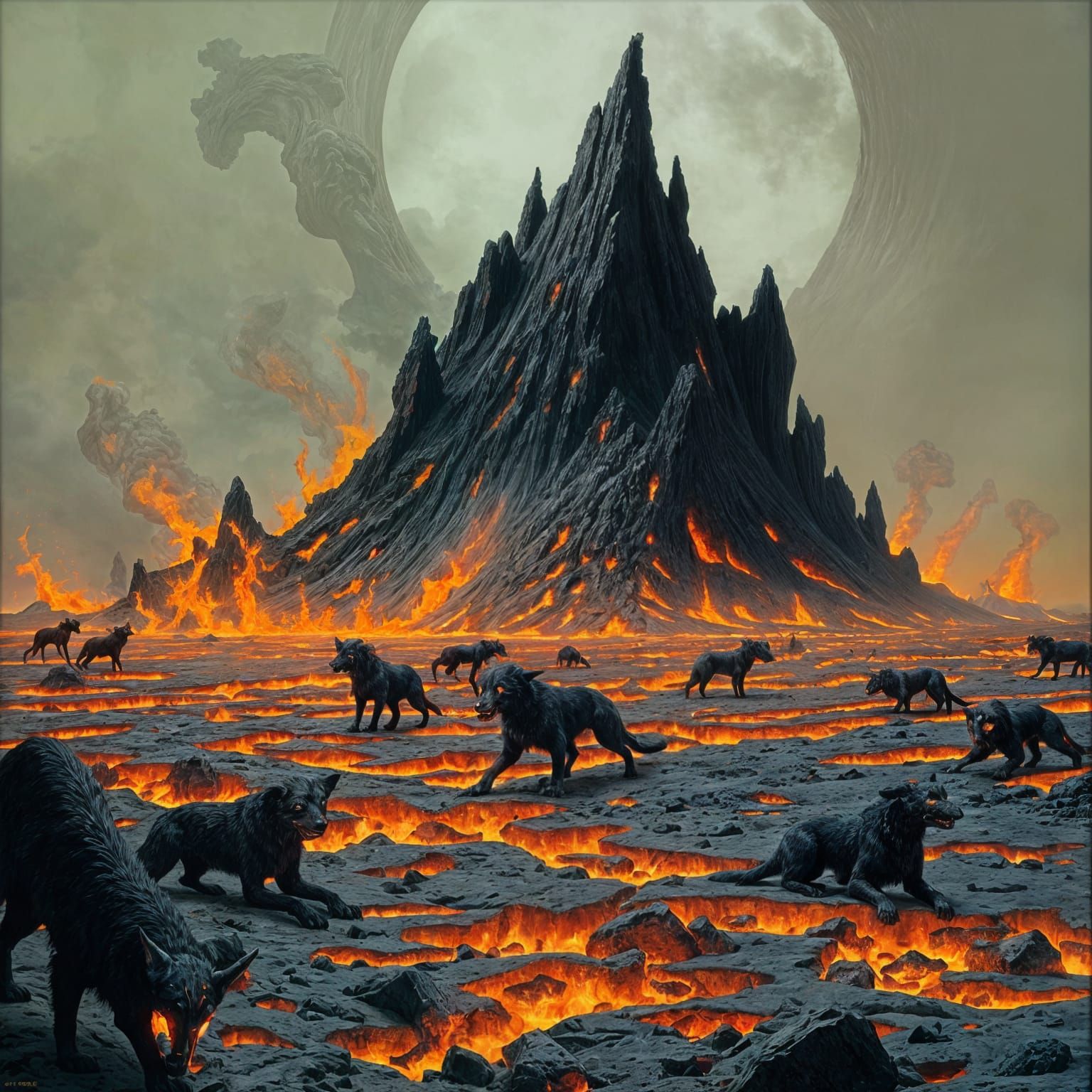 Surreal Volcanic Landscape with Fiery Pack of Hounds