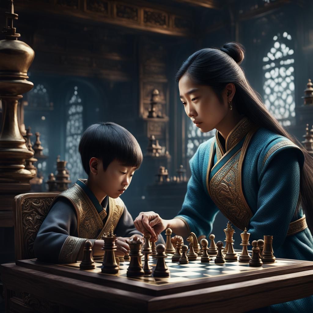 Chess Game: Detailed Matte Painting of Mother and Son