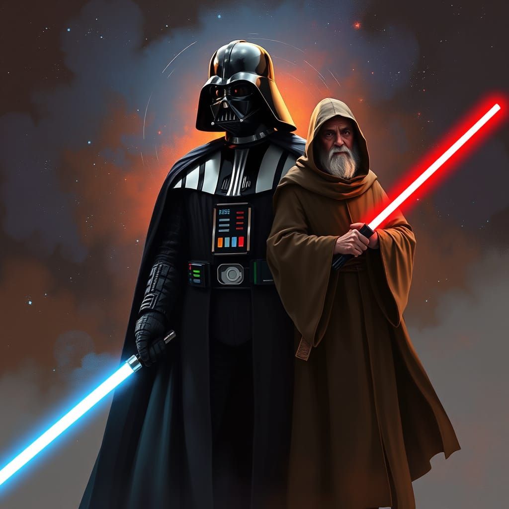 Darth Vader in a Galactic Showdown with a Wise Jedi Master